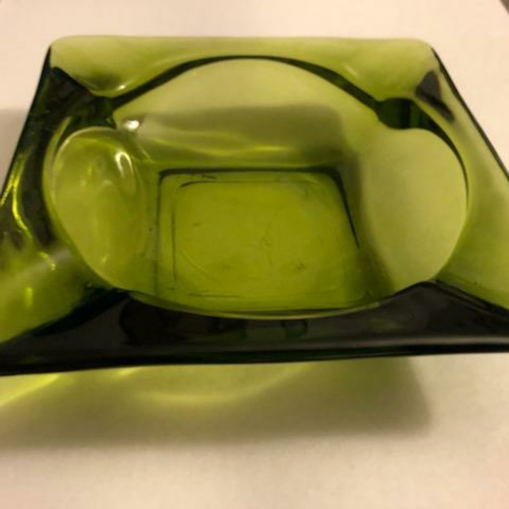 Vintage Anchor Hocking 1970s Avocado Green Square Glass Ashtray Mid Century